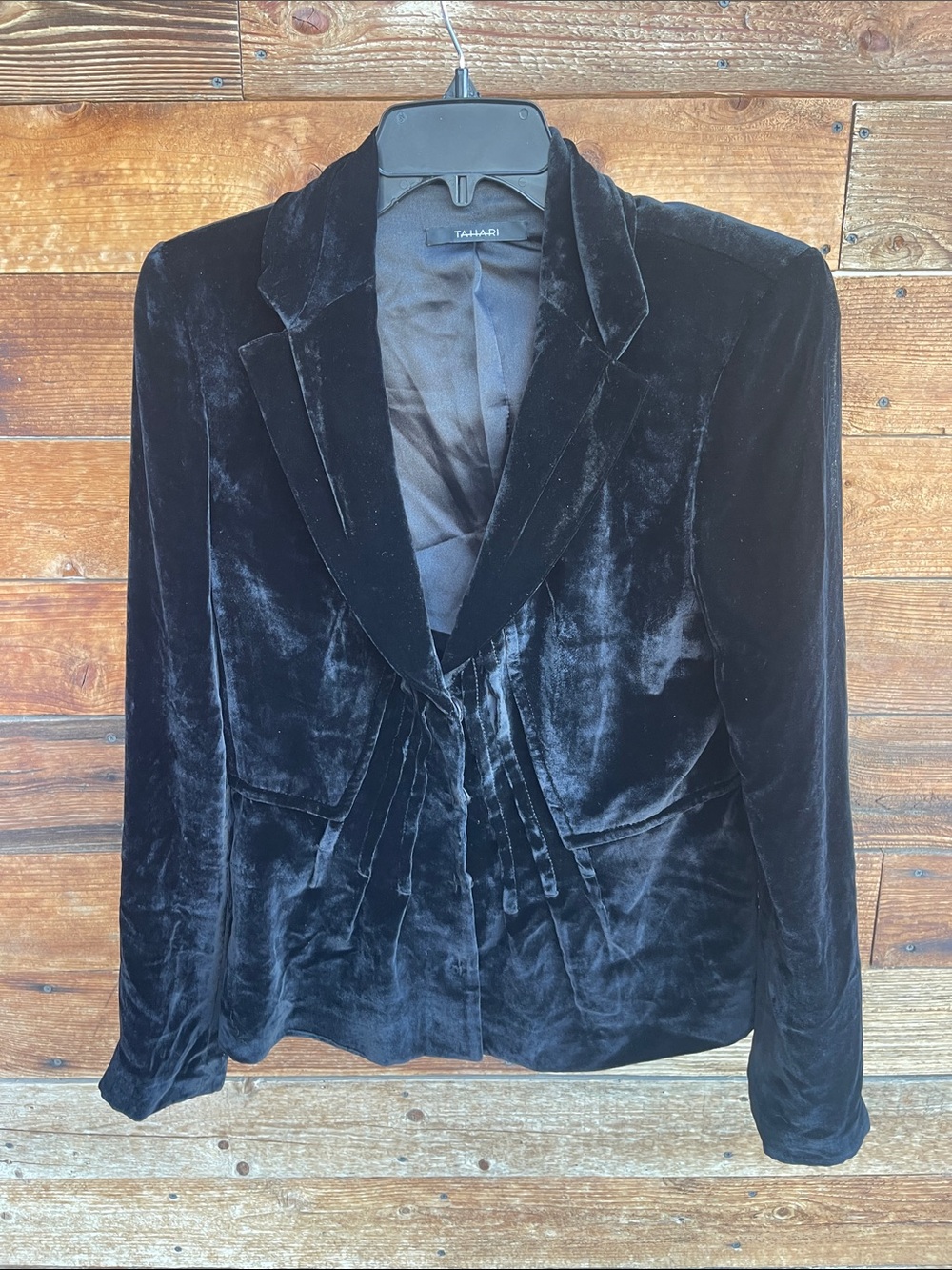 Tahari Black Velvet Silk Blend Blazer Jacket Open Front Career Evening Women’s M
